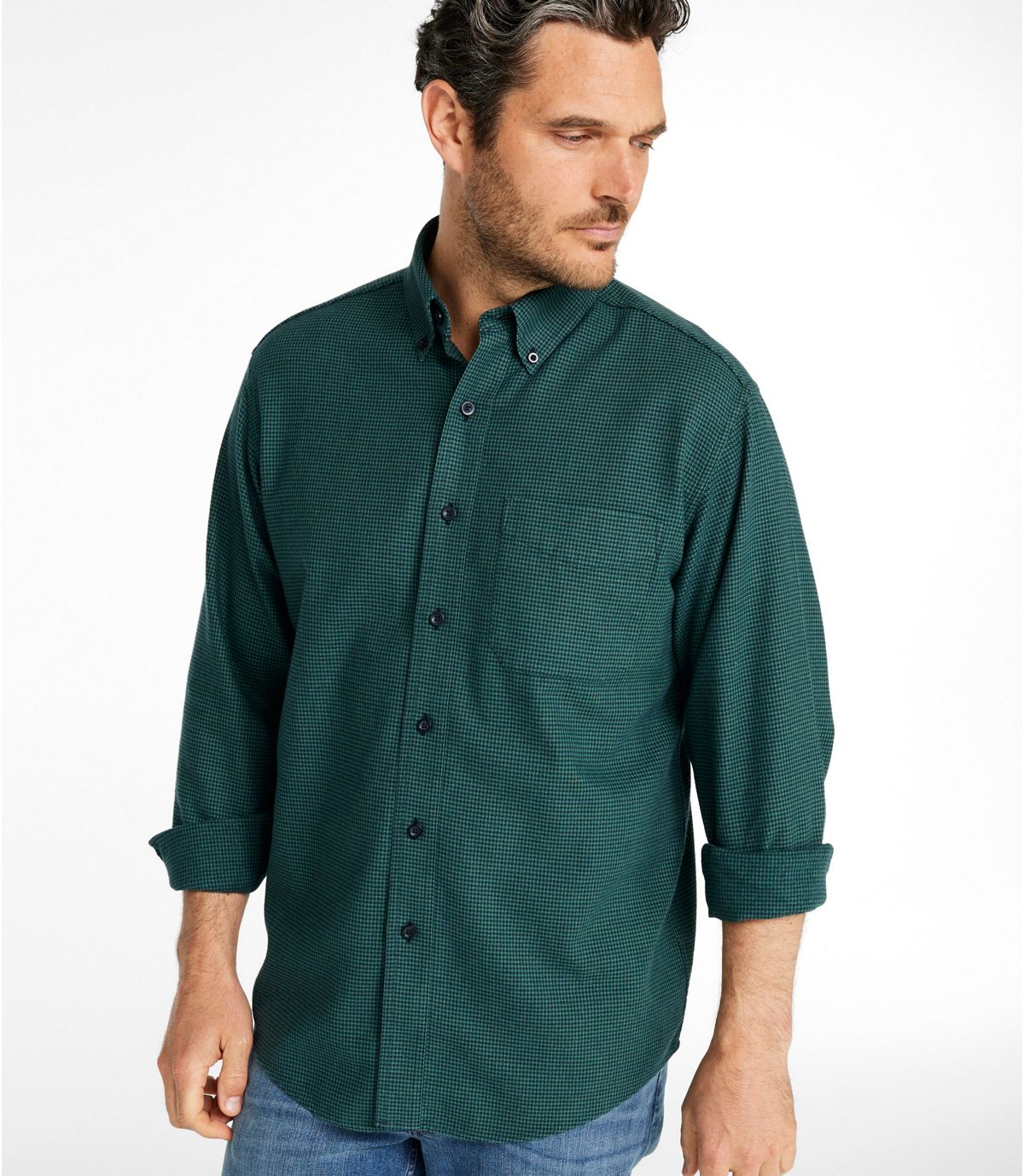 L.L. Bean Wicked Good Flannel Shirt Traditional Fit Deep Evergreen Houndstooth